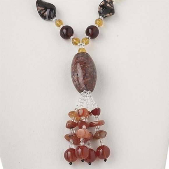 Handcrafted Jasper Carnelian Agate Glass Statement Beaded Pendant Necklace - Picture 1 of 3